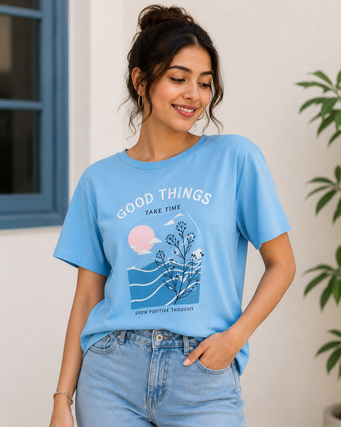 Sky Blue Graphic T-Shirt for Women