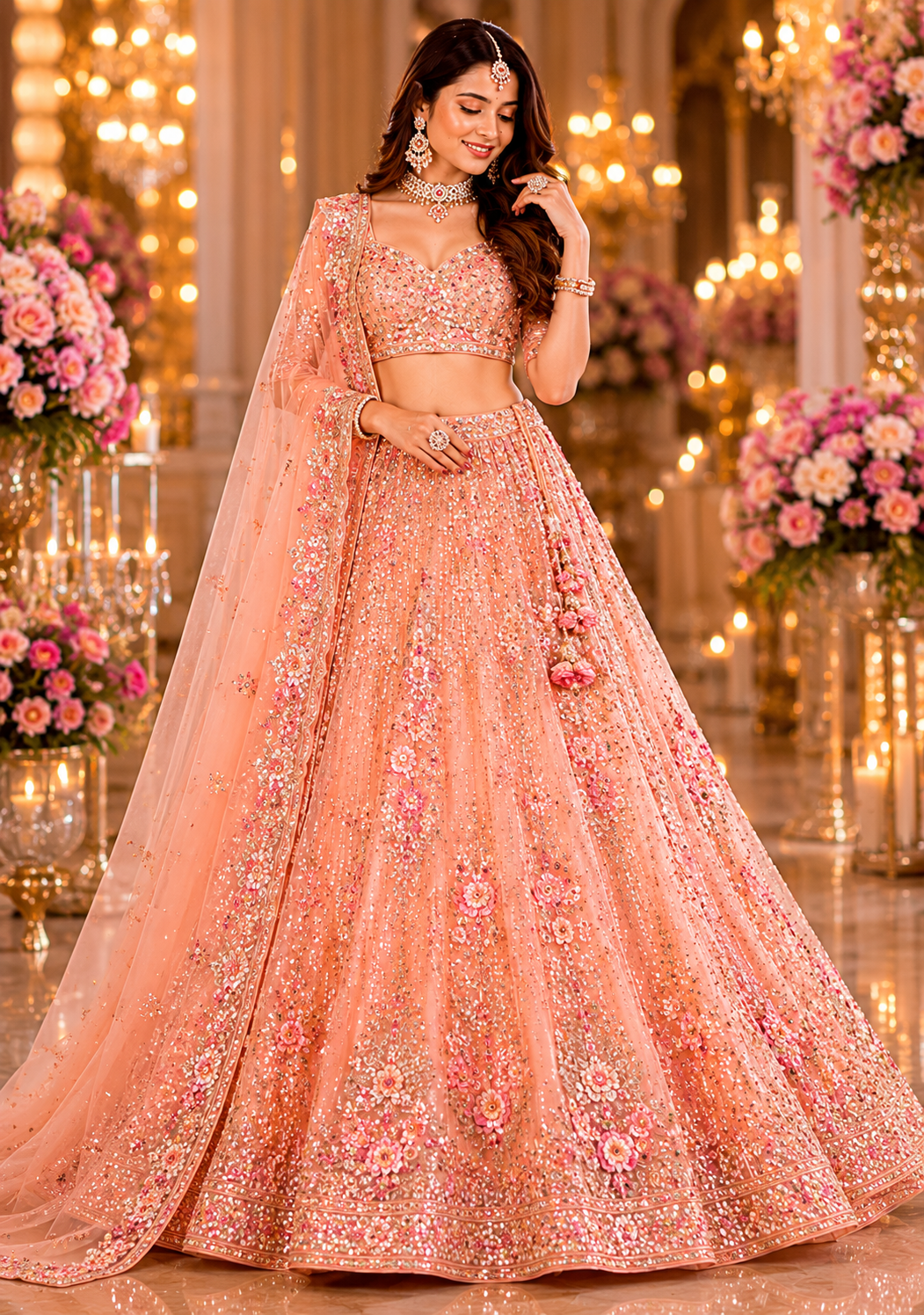 Peach Sequins Embroidered Lehenga Choli Set with Dupatta - Image 2