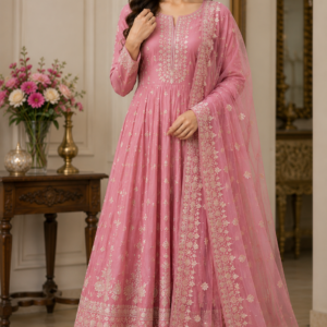 Pink Embroidered Anarkali Suit Set with Dupatta