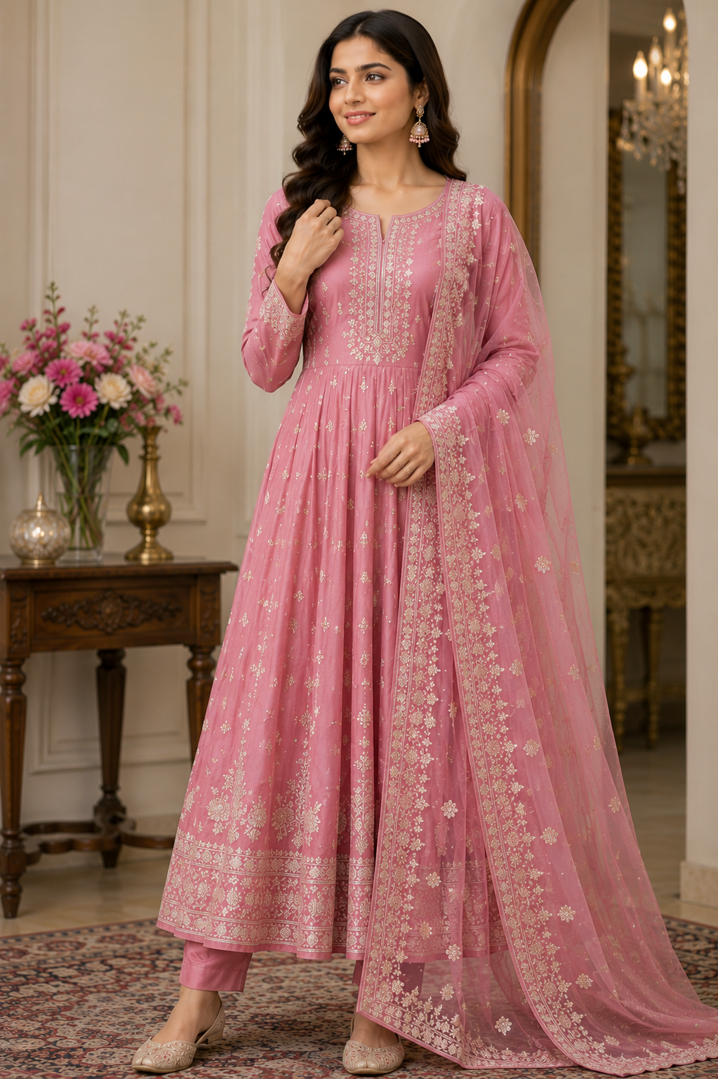 Pink Embroidered Anarkali Suit Set with Dupatta