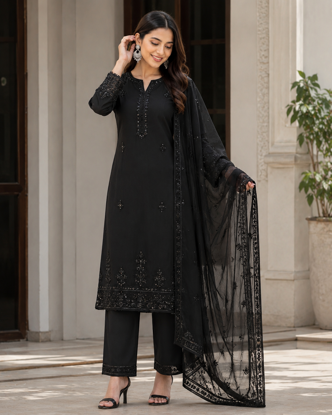 Black Premium Straight Kurti Pant Set with Dupatta - Image 2