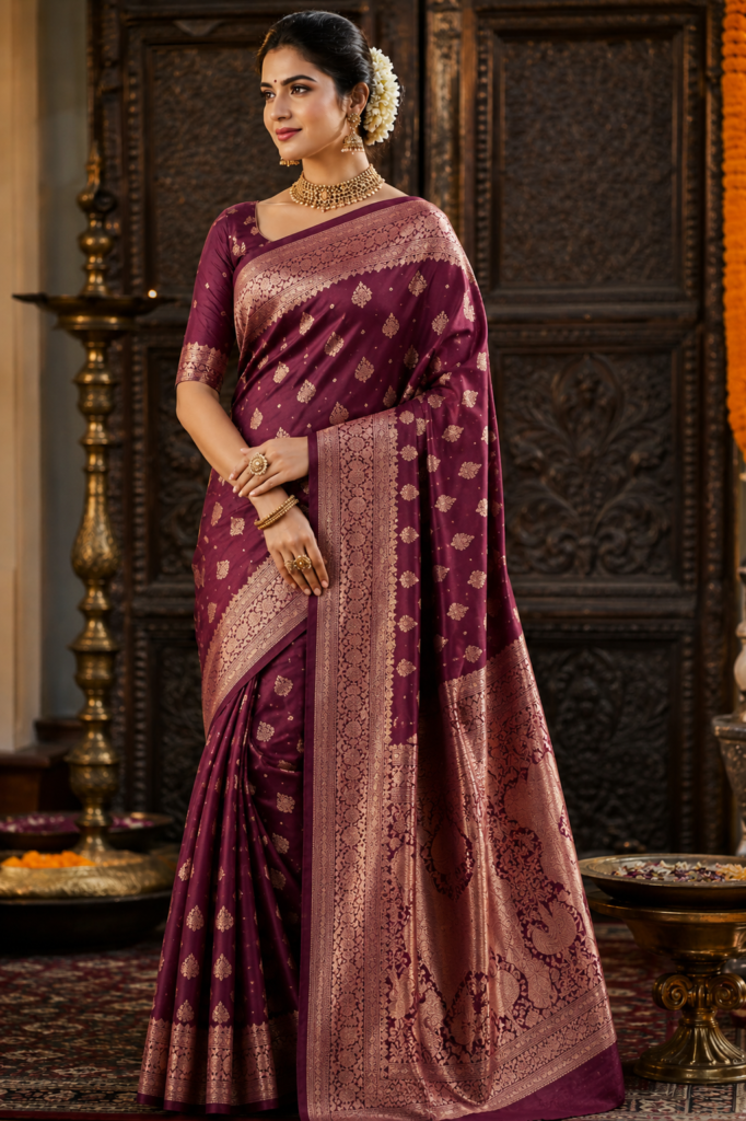 Wine Soft Silk Designer Saree