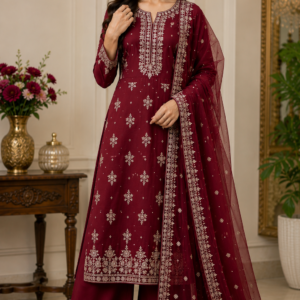 Wine Embroidered Palazzo Suit Set with Dupatta