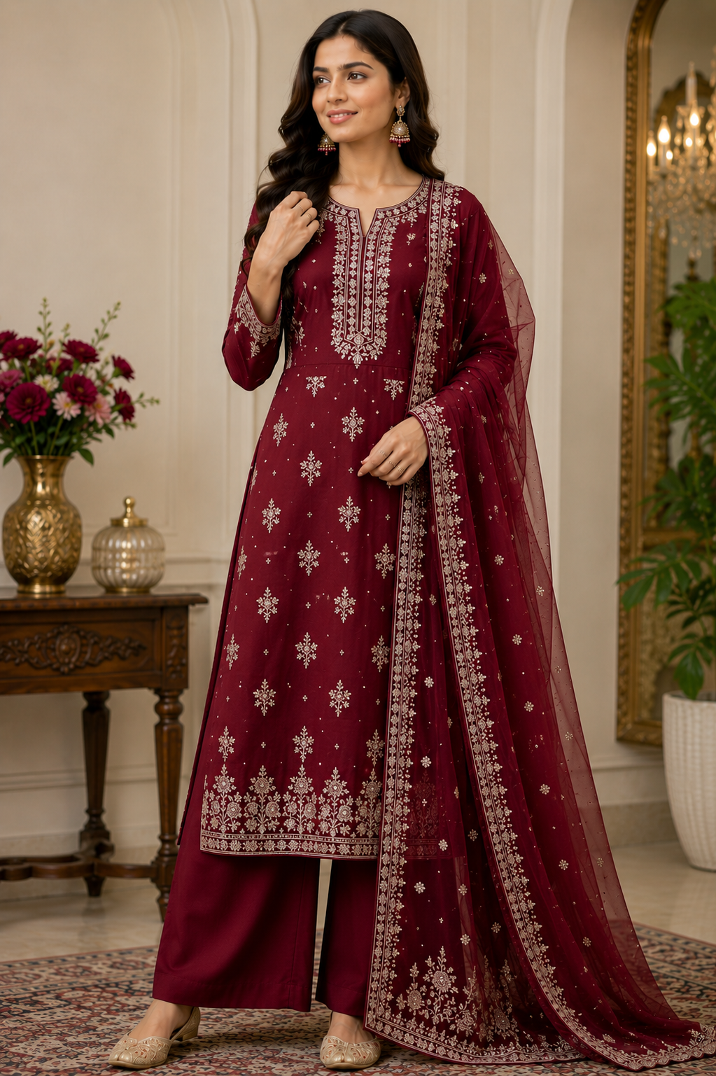 Wine Embroidered Palazzo Suit Set with Dupatta