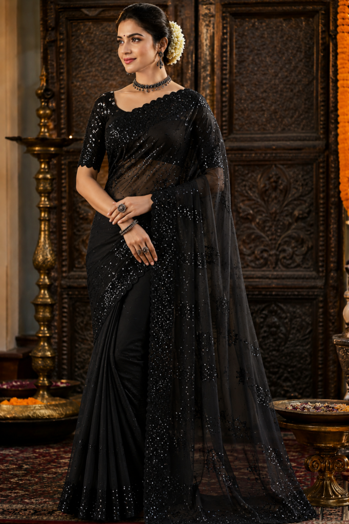 Black Georgette Sequence Work Saree