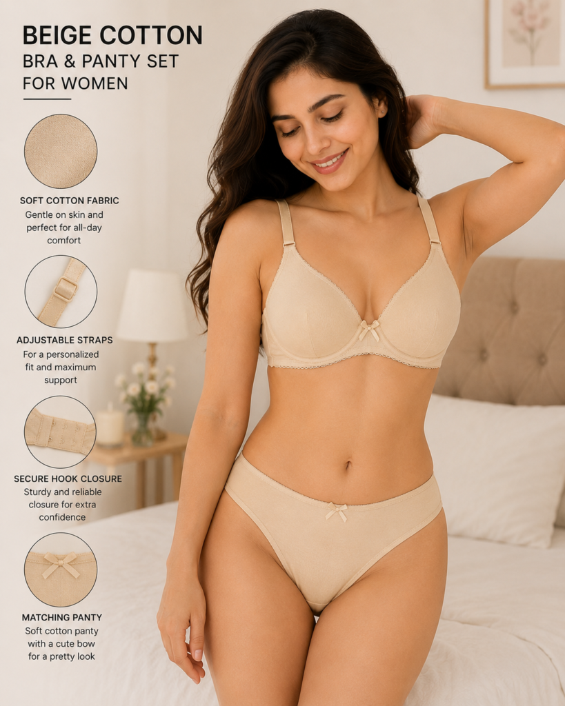 Beige Cotton Bra & Panty Set for Women