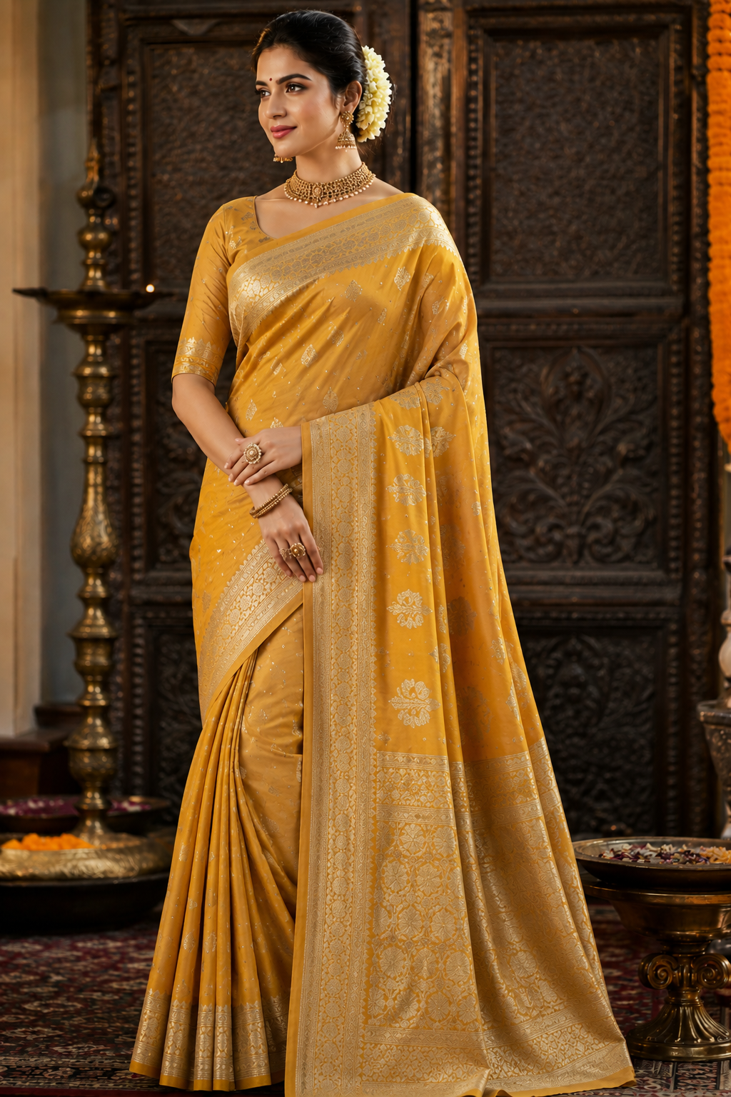 Mustard Yellow Linen Silk Designer Saree