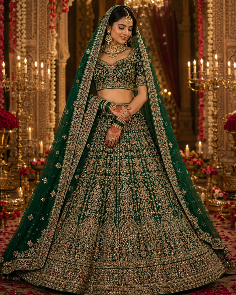 Green Heavy Embroidered Wedding Lehenga Choli Set with Dupatta