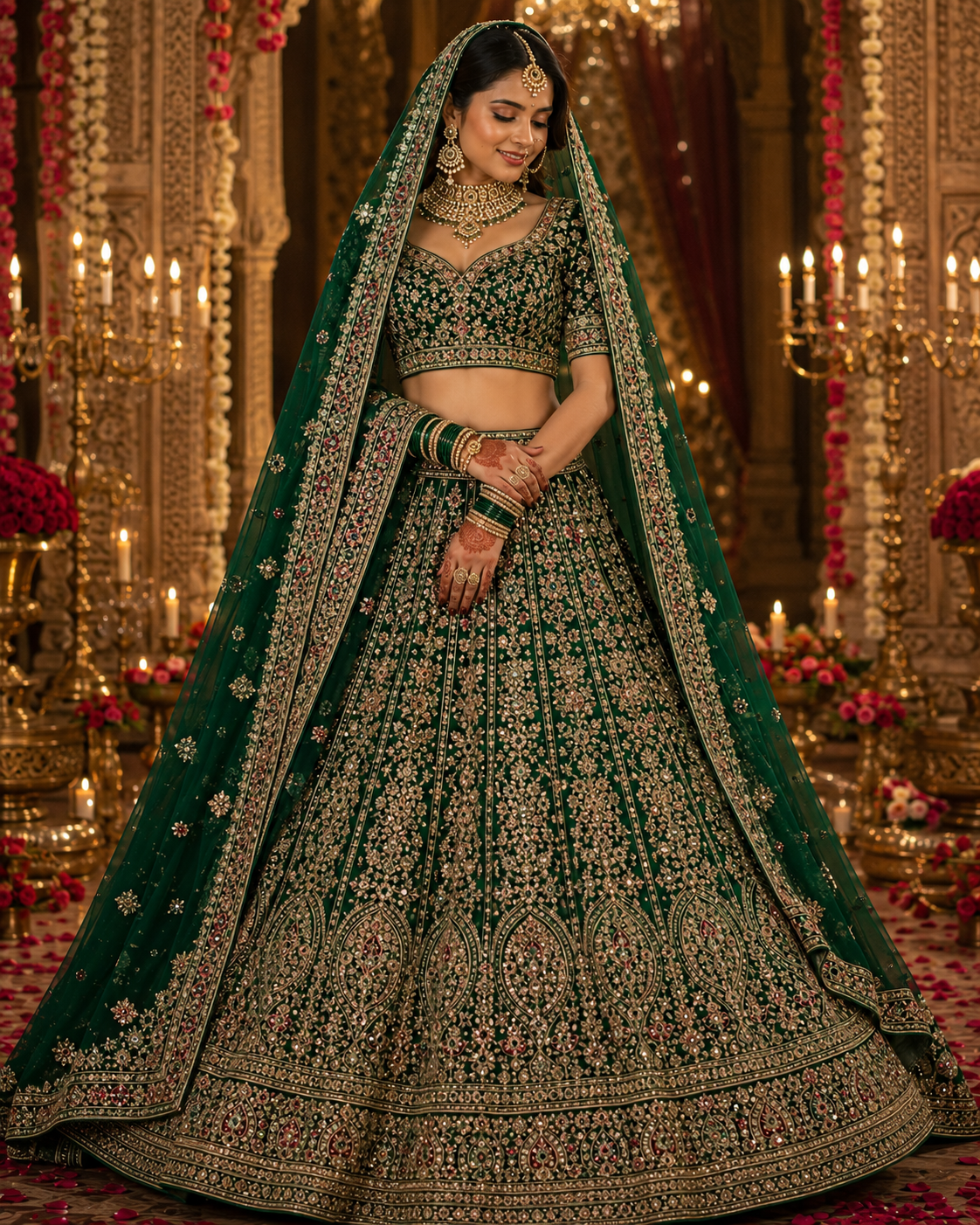 Green Heavy Embroidered Wedding Lehenga Choli Set with Dupatta