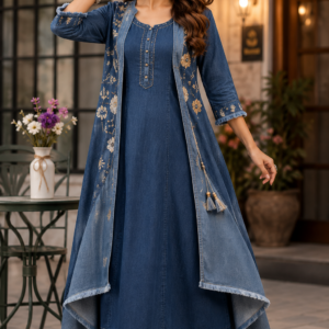 Blue Denim Fusion Kurti with Stylish Shrug Set