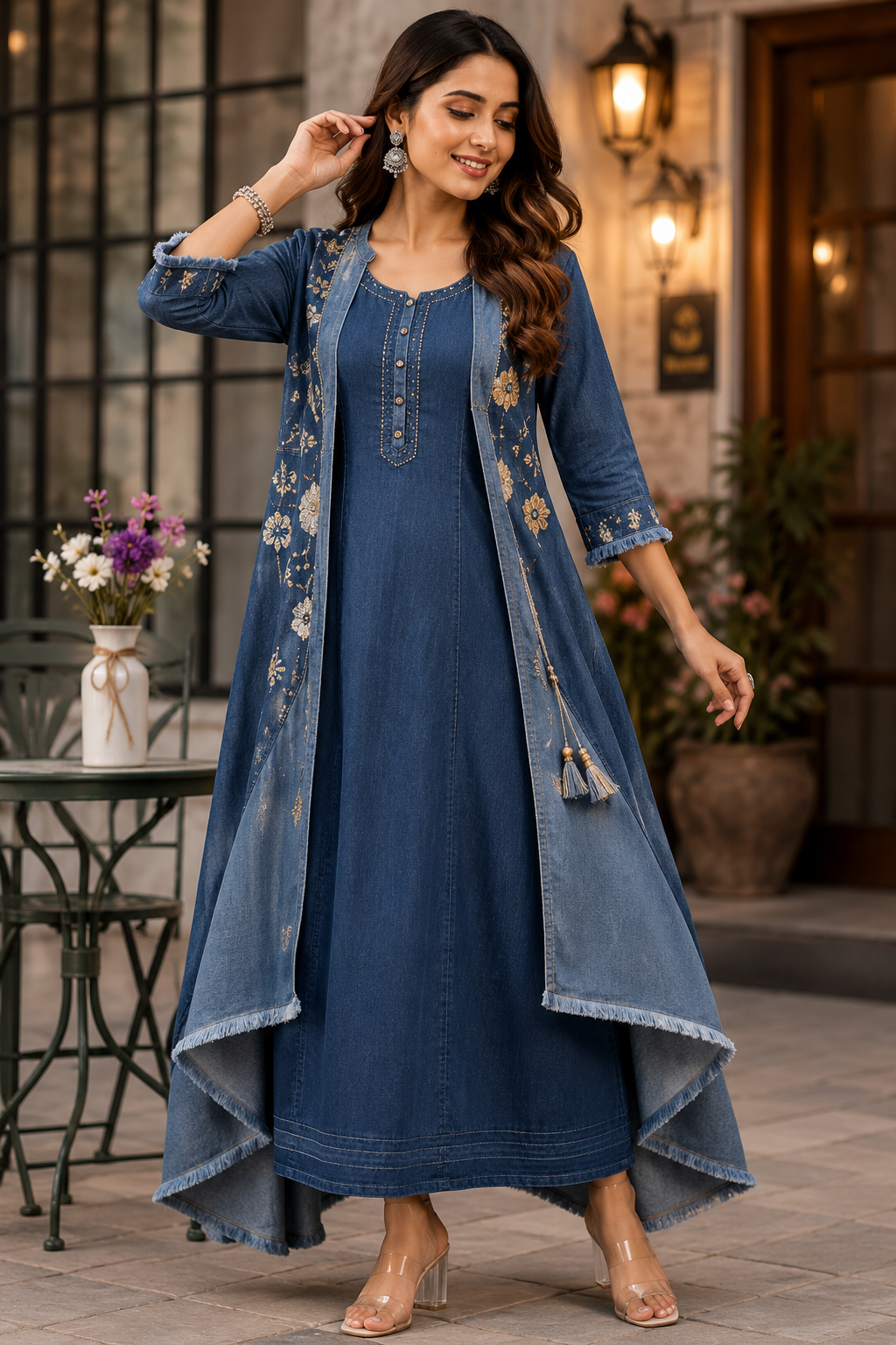 Blue Denim Fusion Kurti with Stylish Shrug Set