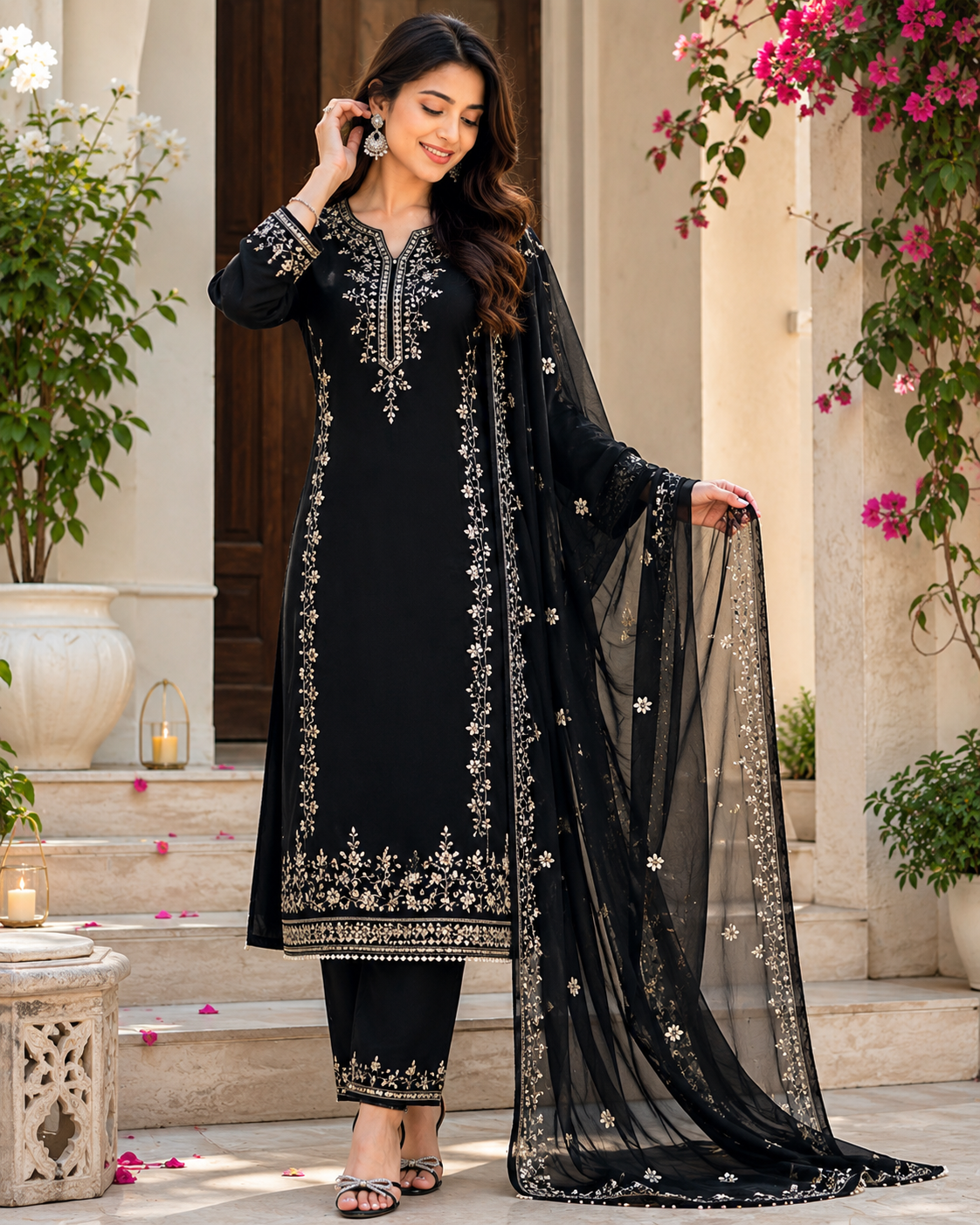 Black Premium Straight Kurti Pant Set with Dupatta