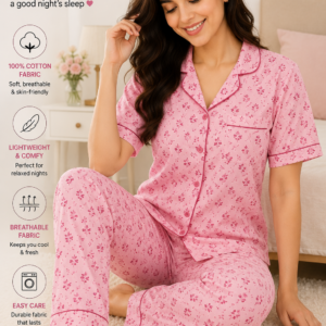 Pink Printed Cotton Night Suit Set for Women