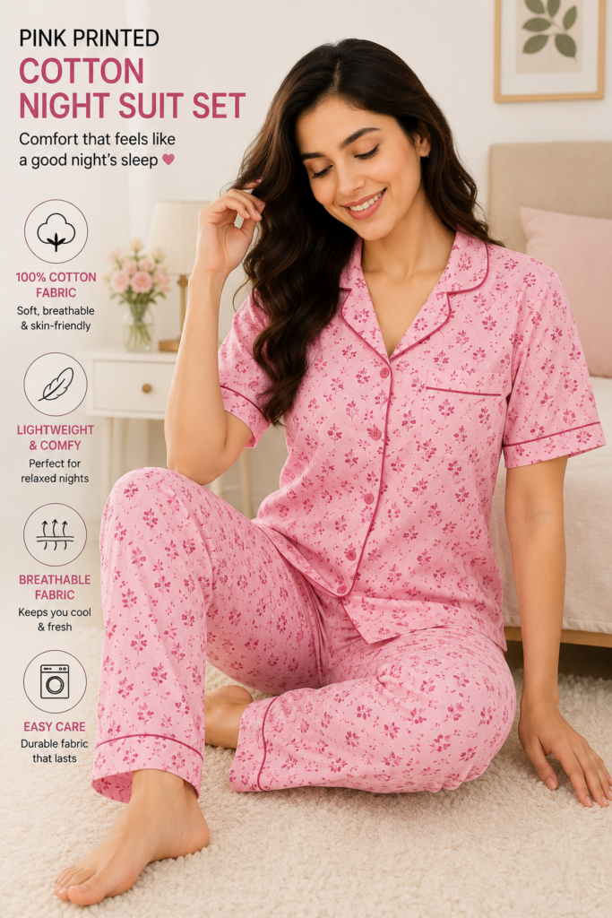 Pink Printed Cotton Night Suit Set for Women