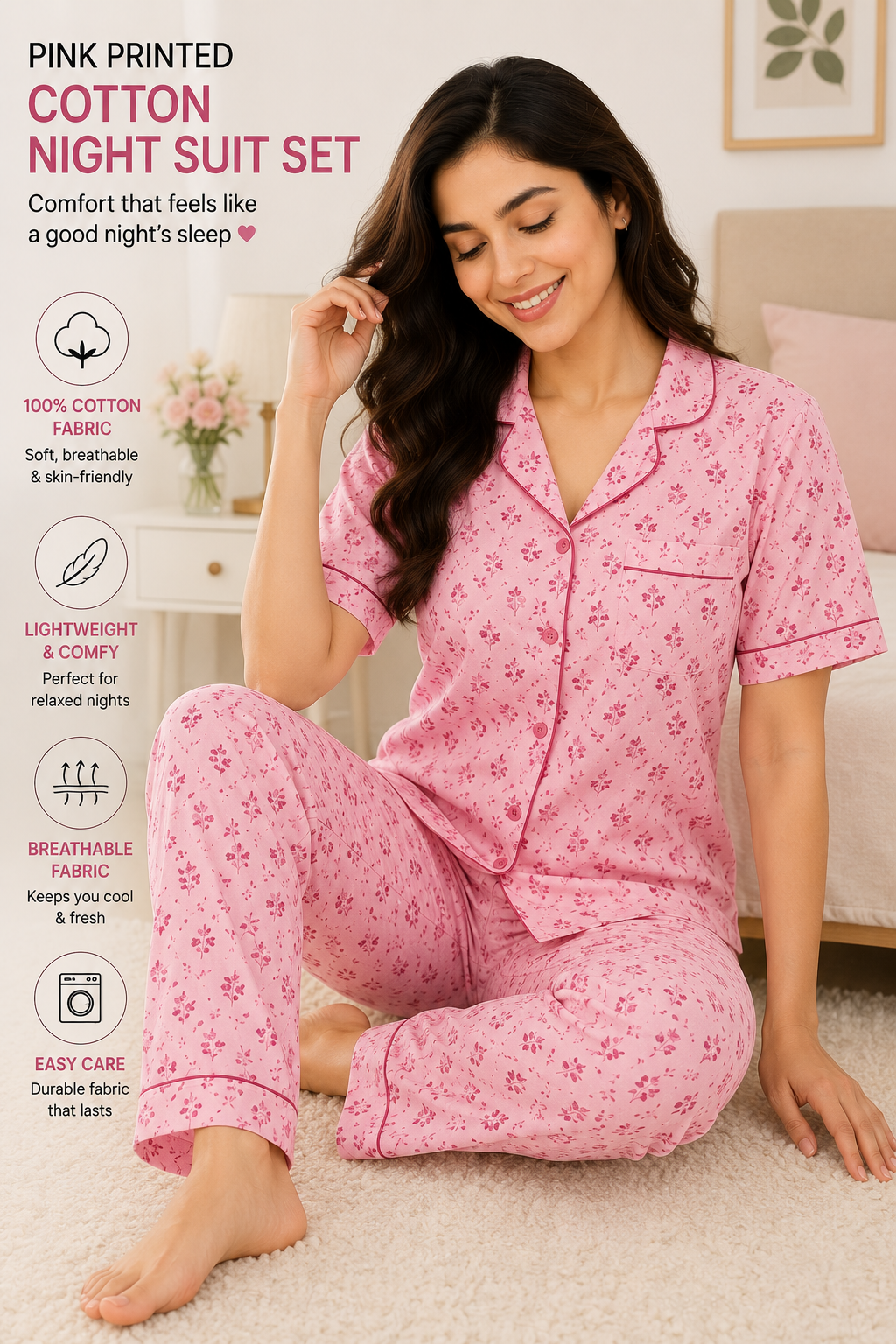 Pink Printed Cotton Night Suit Set for Women