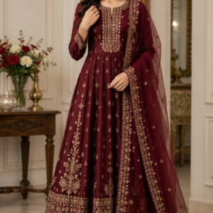 Maroon Anarkali Embroidered Suit Set with Dupatta