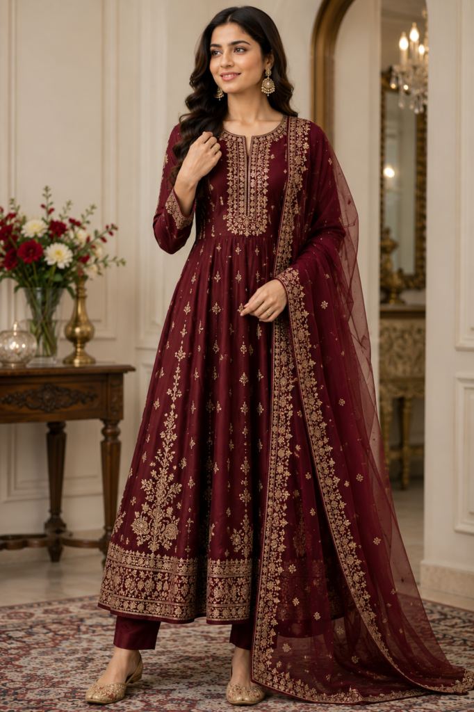 Maroon Anarkali Embroidered Suit Set with Dupatta