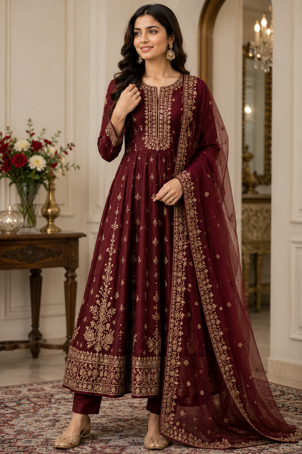 Maroon Anarkali Embroidered Suit Set with Dupatta