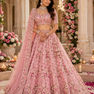 Pink Floral Embroidered Lehenga Choli Set with Dupatta