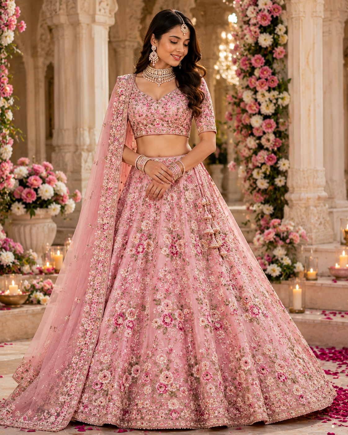 Pink Floral Embroidered Lehenga Choli Set with Dupatta