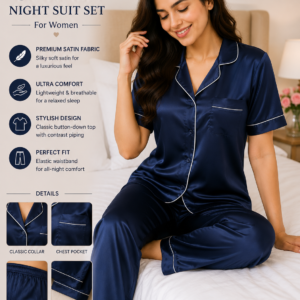 Navy Blue Satin Night Suit Set for Women