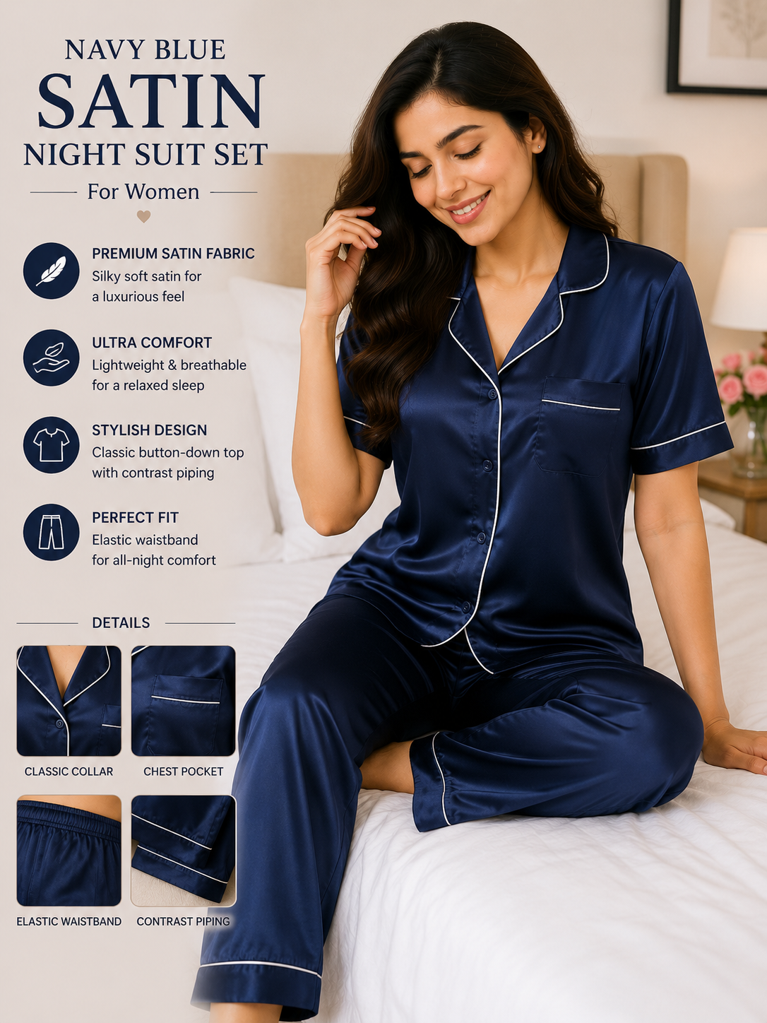 Navy Blue Satin Night Suit Set for Women