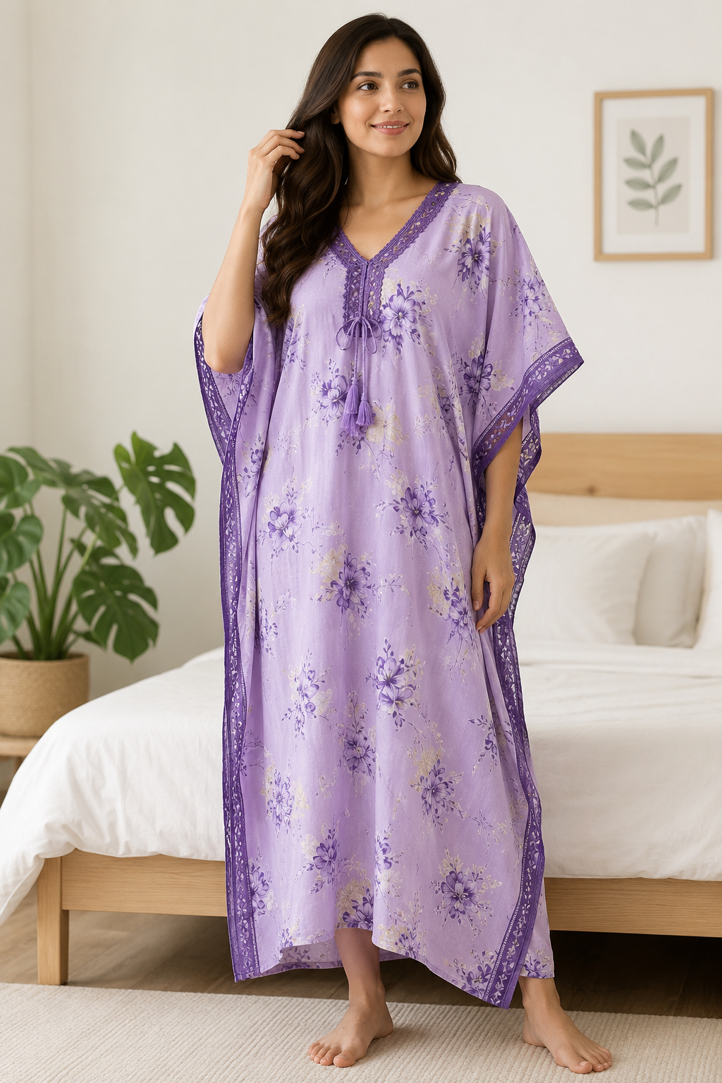 Lavender Printed Kaftan Night Dress