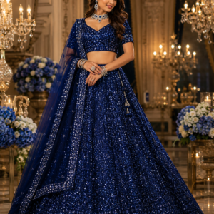 Royal Blue Sequins Work Lehenga Choli Set with Dupatta