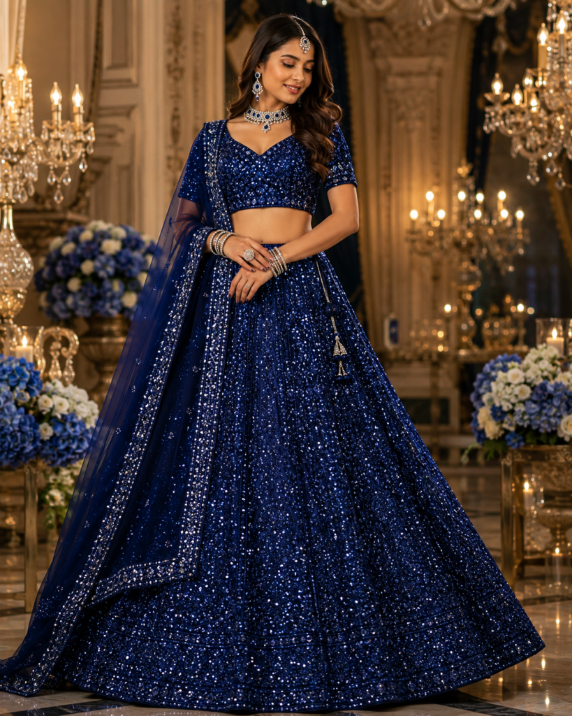 Royal Blue Sequins Work Lehenga Choli Set with Dupatta