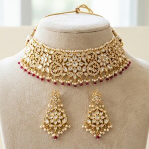 Gold Plated Kundan Choker Necklace Set with Matching Earrings