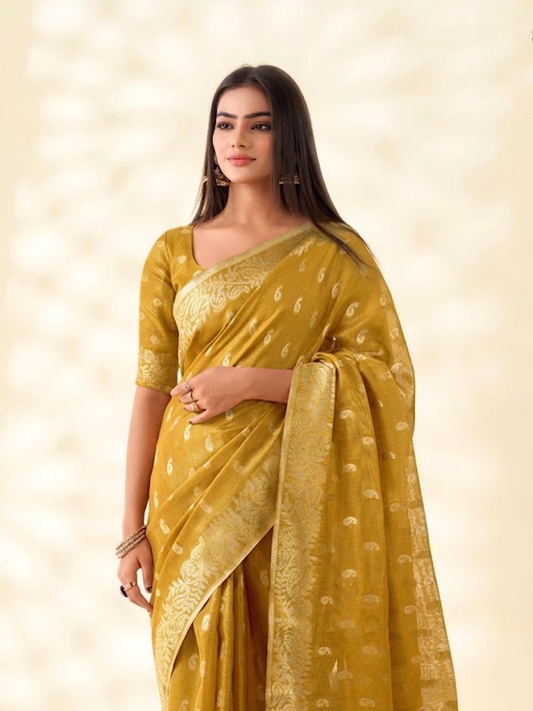 Mustard Yellow Linen Silk Saree