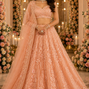 Peach Sequins Embroidered Lehenga Choli Set with Dupatta