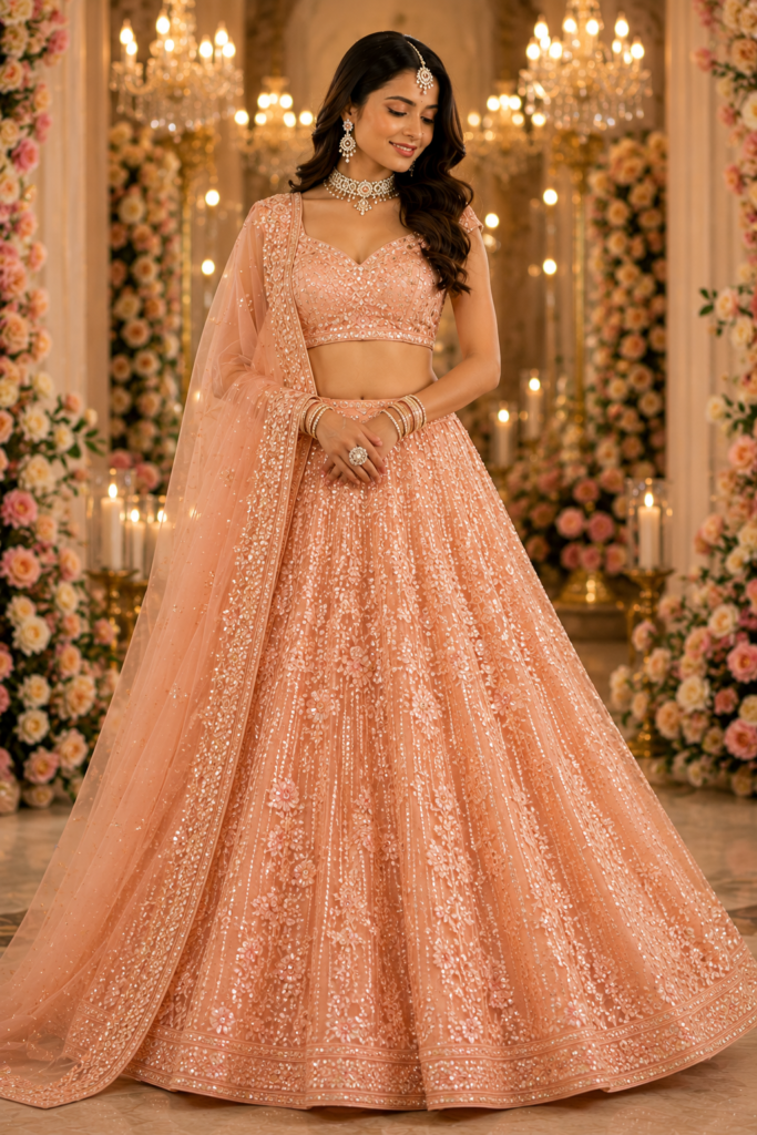 Peach Sequins Embroidered Lehenga Choli Set with Dupatta
