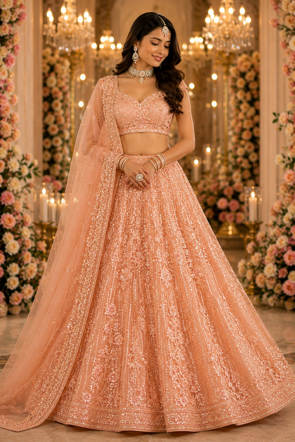 Peach Sequins Embroidered Lehenga Choli Set with Dupatta