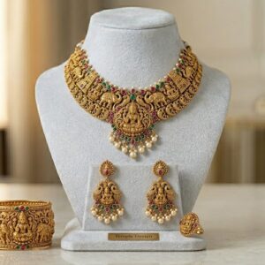 Traditional Temple Design Gold Plated Necklace Set with Earrings