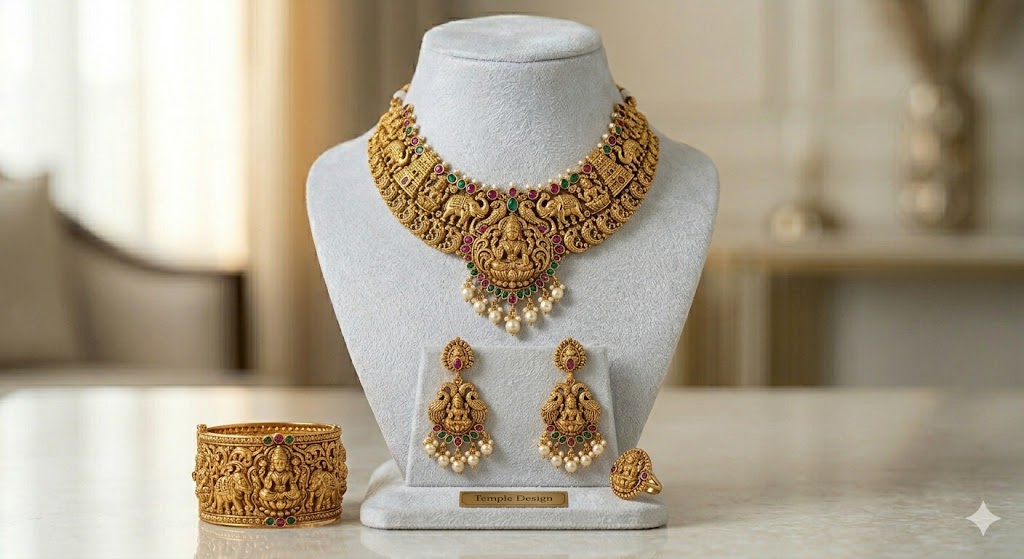 Traditional Temple Design Gold Plated Necklace Set with Earrings