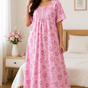Pink Floral Cotton Nighty for Women
