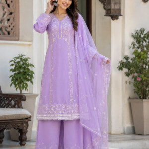 Lavender Designer Kurti Palazzo Set with Dupatta