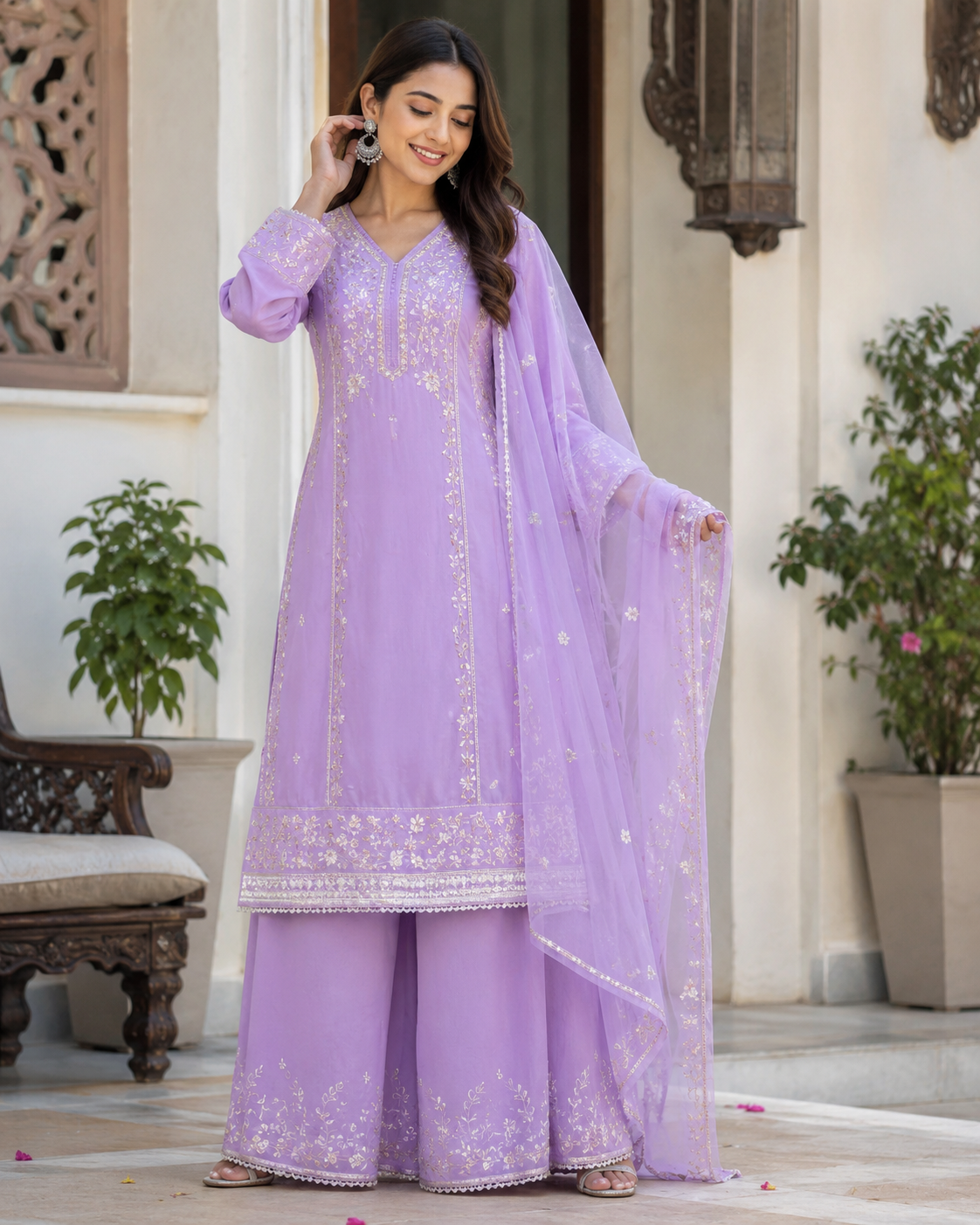 Lavender Designer Kurti Palazzo Set with Dupatta