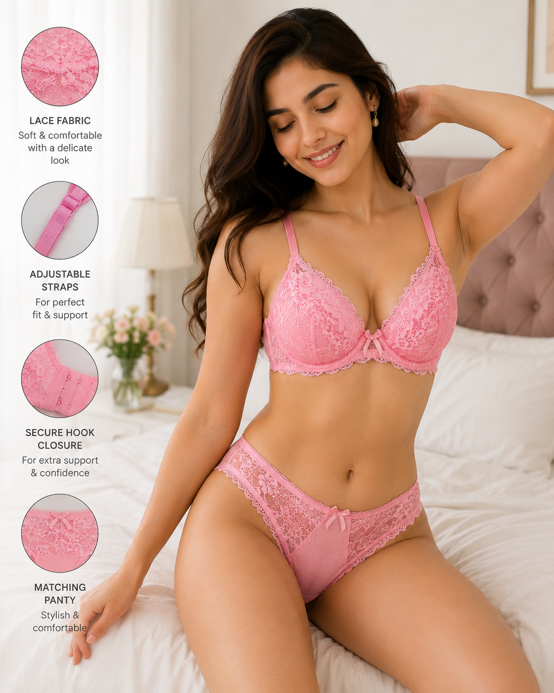 Pink Lace Bra & Panty Set for Women