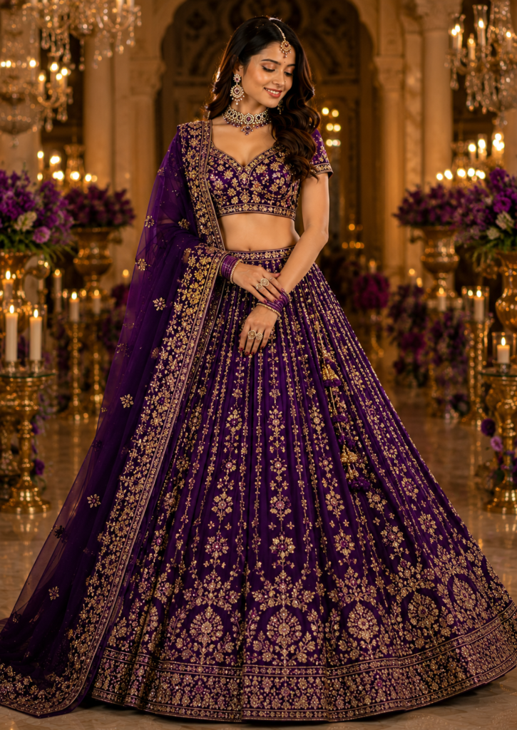 Purple Silk Embroidered Lehenga Choli Set with Dupatta