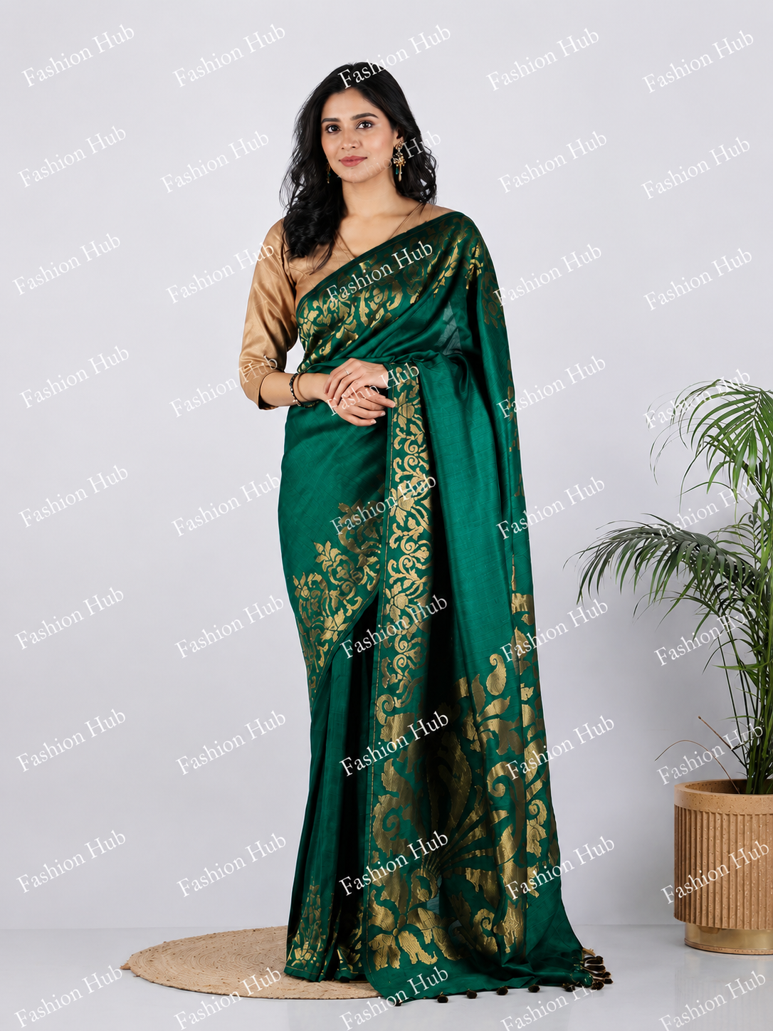 Dark Green Matka Chinar Georgette Border Saree