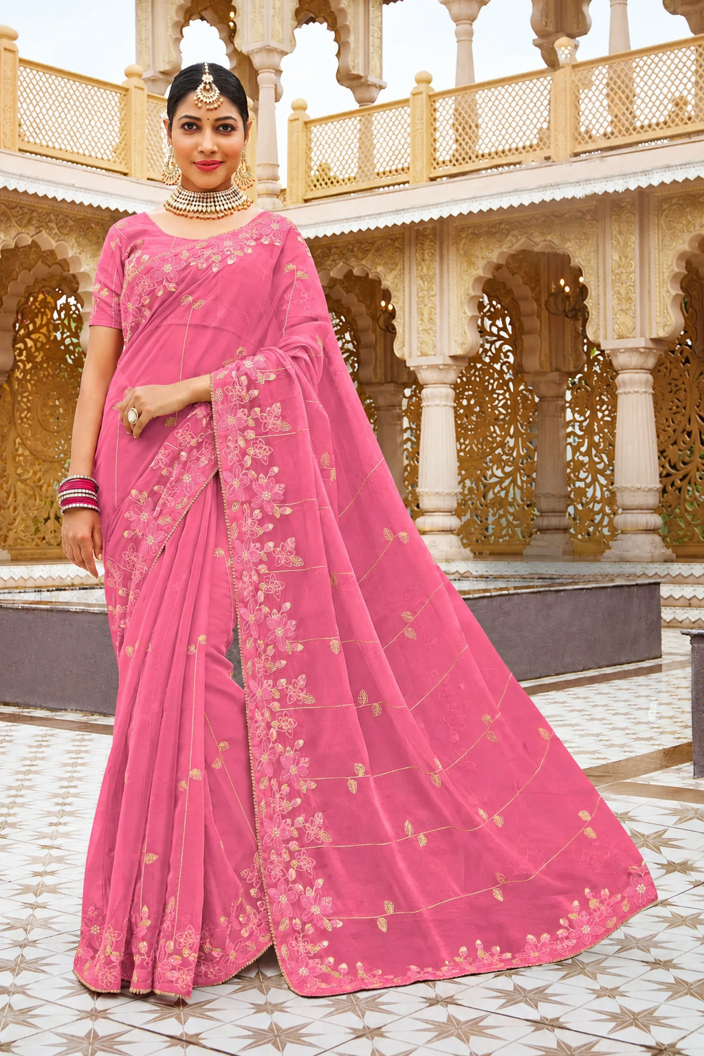Laxmipati Malmal N-2220 Organza Pink Saree