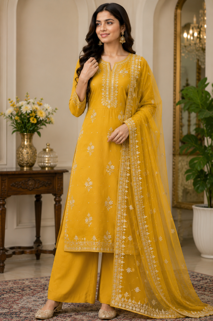 Mustard Yellow Palazzo Kurti Set with Dupatta