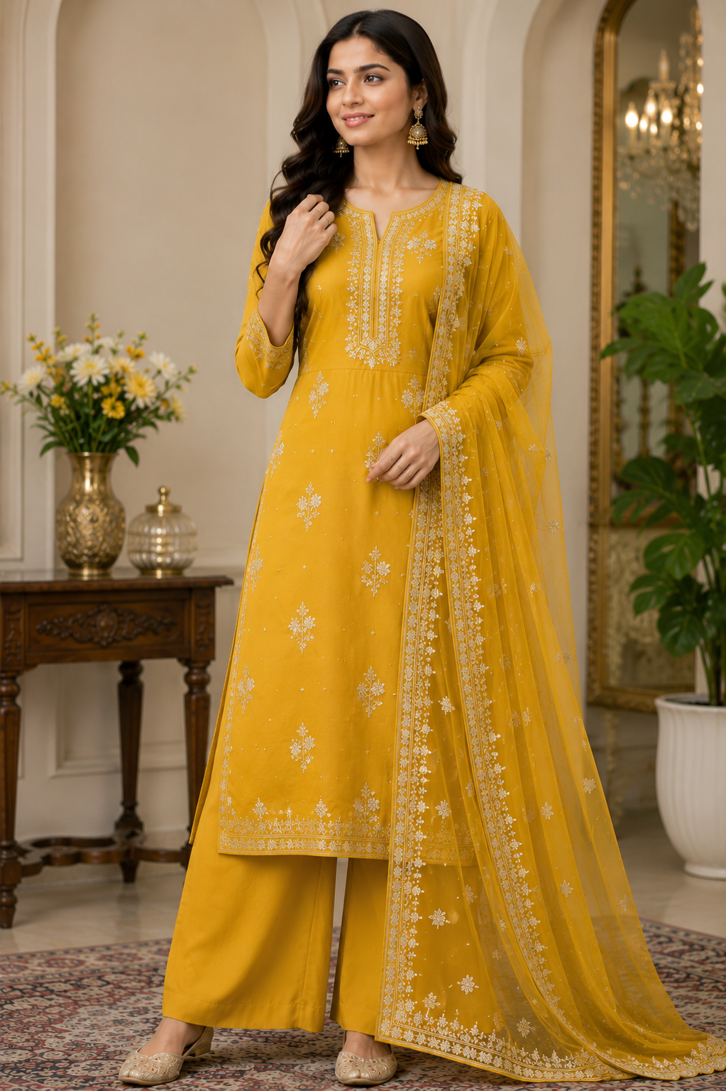 Mustard Yellow Palazzo Kurti Set with Dupatta