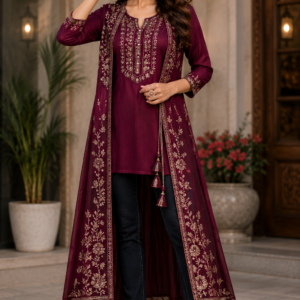 Wine Embroidered Fusion Kurti with Long Shrug Set