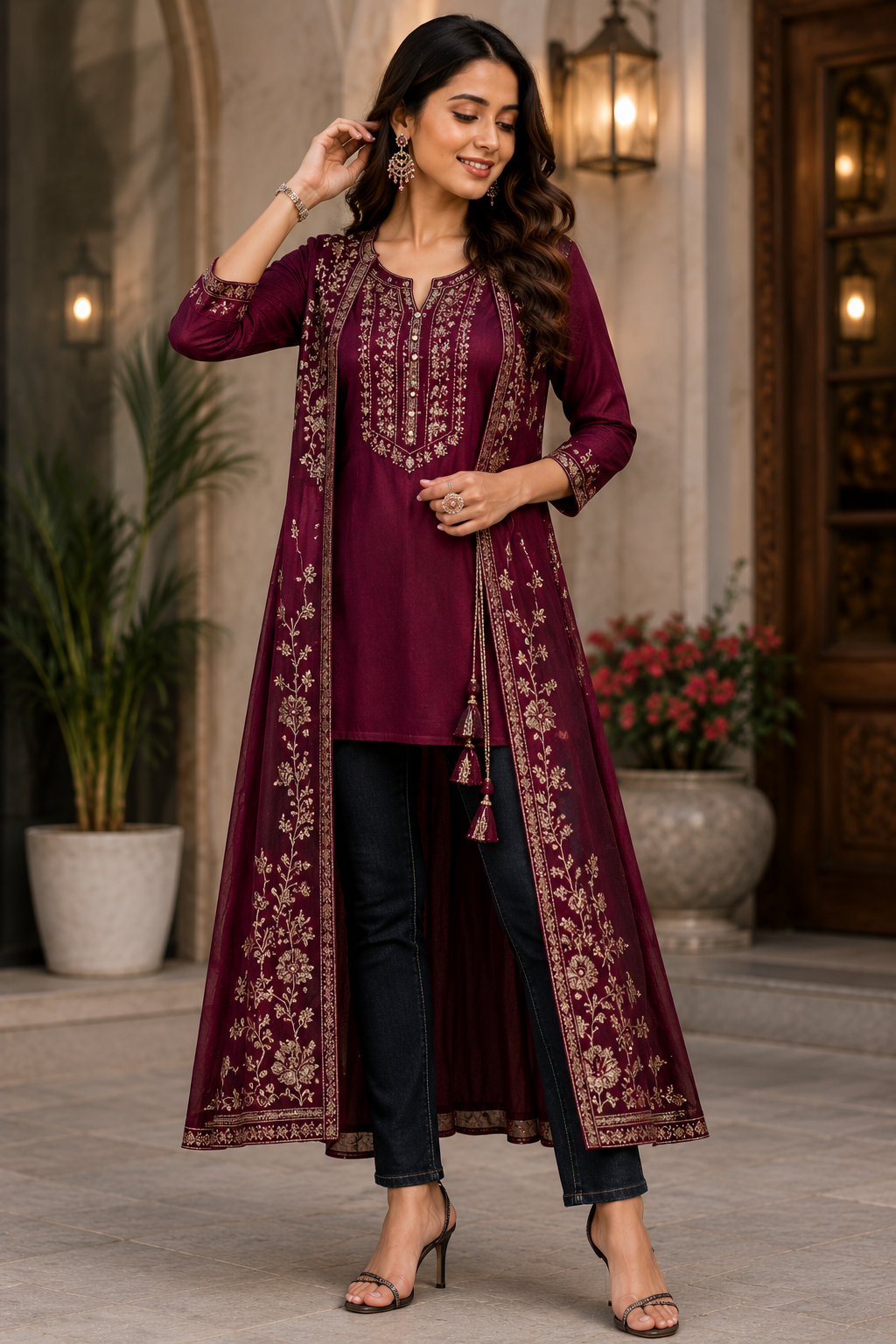 Wine Embroidered Fusion Kurti with Long Shrug Set
