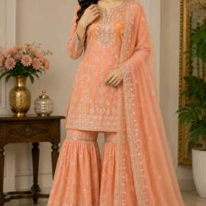 Peach Embroidered Sharara Suit Set with Dupatta
