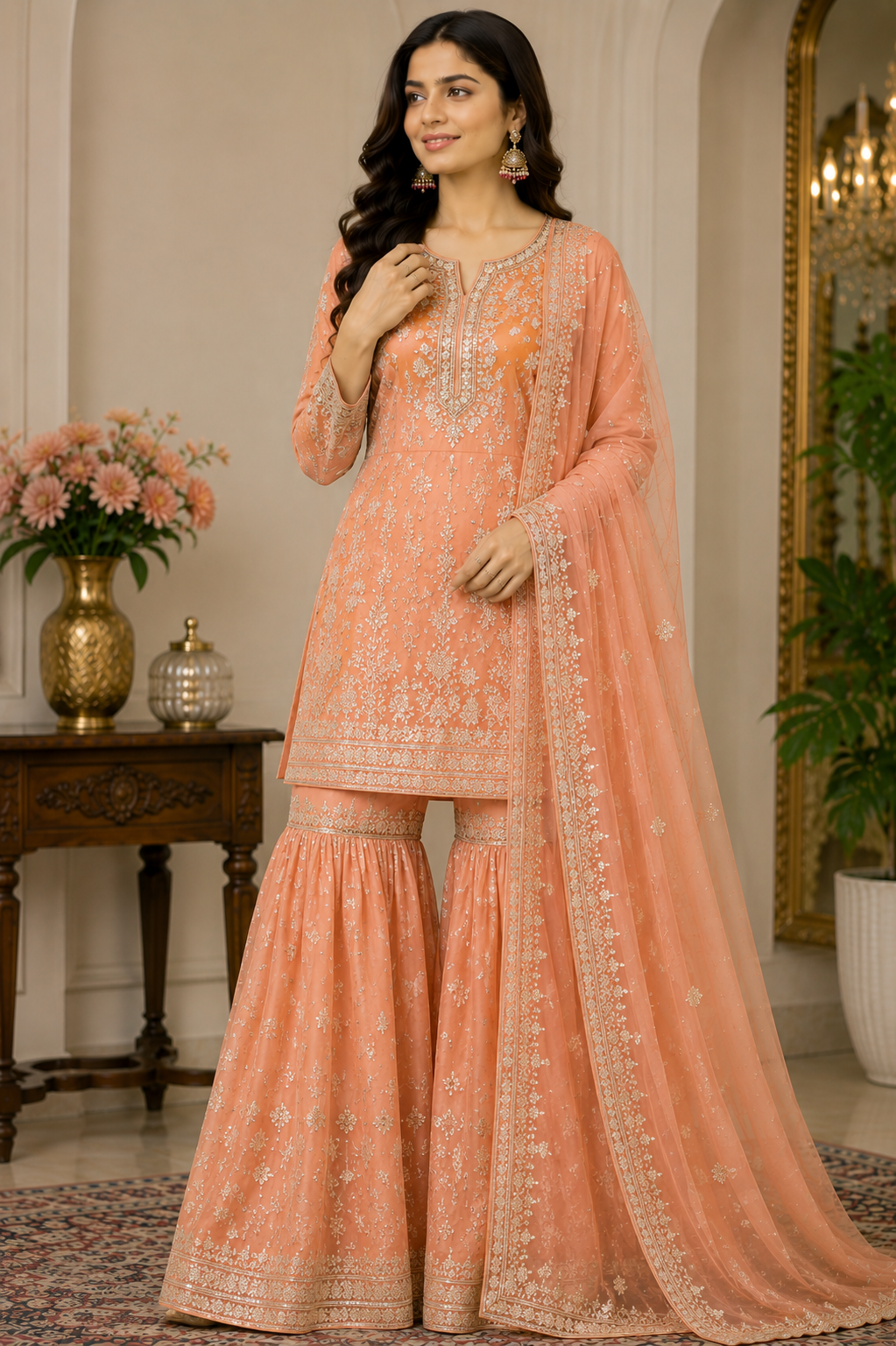 Peach Embroidered Sharara Suit Set with Dupatta