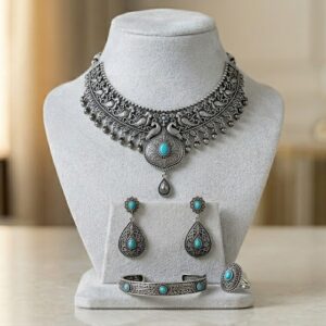 Traditional Oxidised Silver Necklace & Jhumka Earrings Set for Women